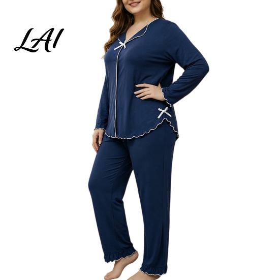 Breathable House Clothes for Ladies Women's Plus Size Pajama Set Long Sleeve Top And Pants Cozy Loungewear Women with Bow Ruffle 2 Piece Soft