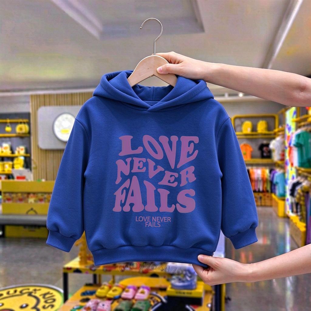 Kids Love Never Fails Letter Print Fleece Hoodie, Warm Breathable Loose Casual Pullover Sweatshirt, Boys Girls Hooded Tops