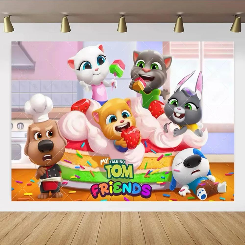 

Мультяшний Talking Tom та Друзі Фон для Дитячого Дня Народження Фотографічний Фон Милий Постер з Котом Фото Реквізит Дитячий Подарунок 270X180CM мигдалевий