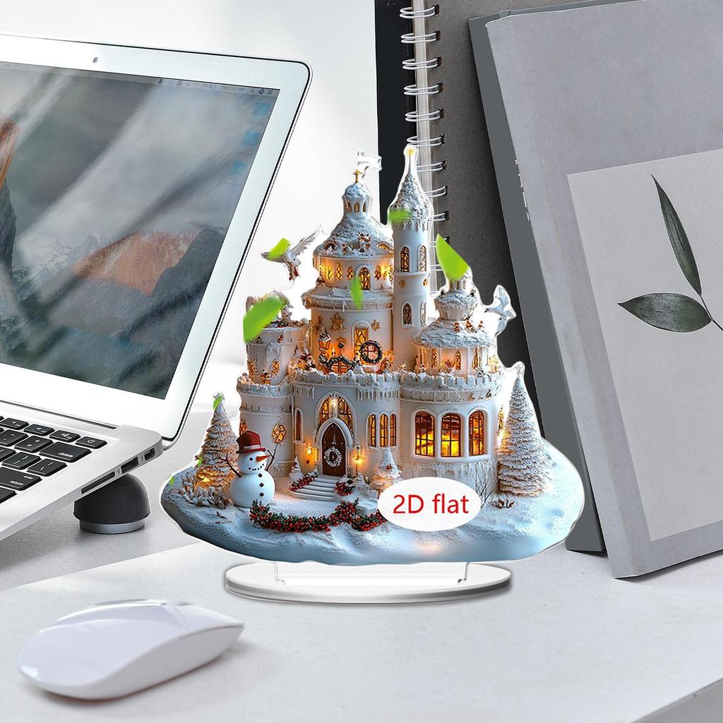 2D Christmas Table Decorations Colorful Christmas Desk Decor Acrylic Castle Pattern Ornament with Stand for Fireplace Restaurant