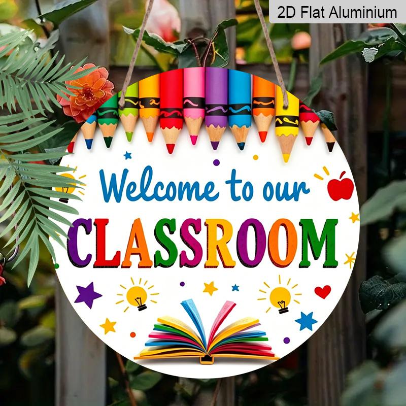 2D Plat Hangend Ornament, 1 stuks Yanlin Welkom op Onze Klaslokaaldeur - Kleurrijke Kleurpotlood En Schooldecoratie, Met Letters, Sterren En Licht