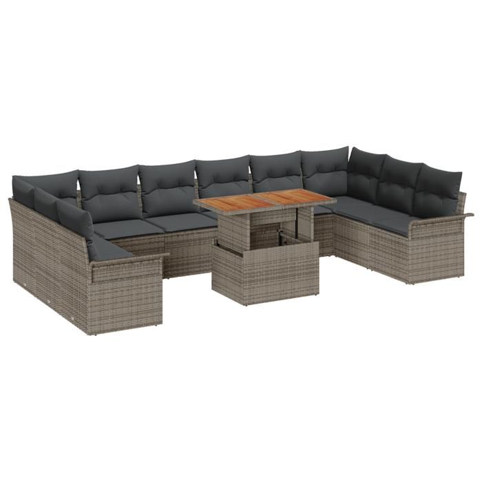 Ensemble de canapé de jardin de 11 pièces avec coussins gris en poly rotin, Canapé de jardin 2 places avec rangement 3358120