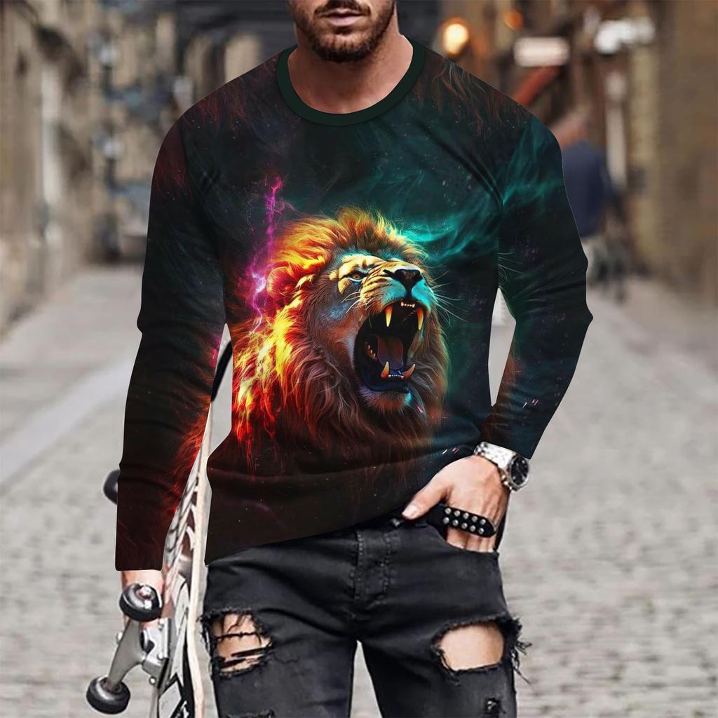 Spring and Autumn Round Neck Animal Lion Pattern 3D Printed Top Fashionable Casual Long Sleeved Men's T-shirts