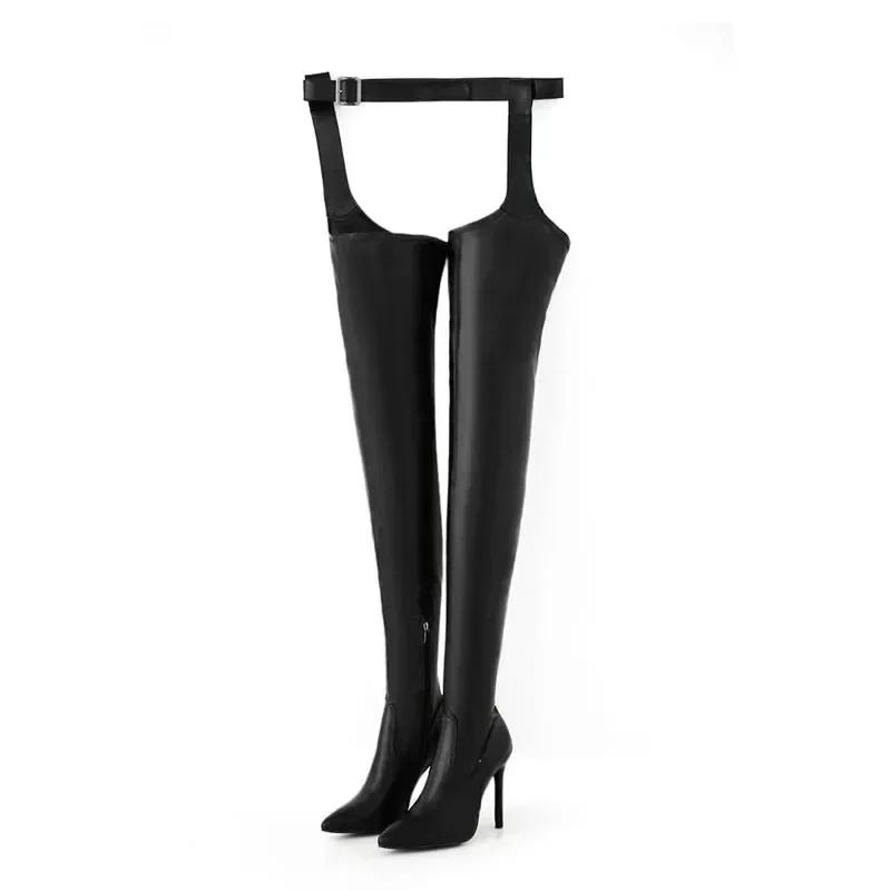 Fashion Sexy/Club Long Thigh High Women Boots Genuine Leather Pointed Buckle Belt Thin High Heel Over-the-knee Jumpsuit Boot Shoe