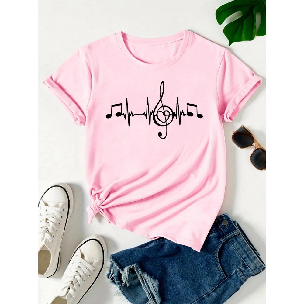 Music Note Print Women's T-Shirts Fashion Tops for Women Casual Summer Short Sleeve Tees Street Breathable Y2k T Shirt
