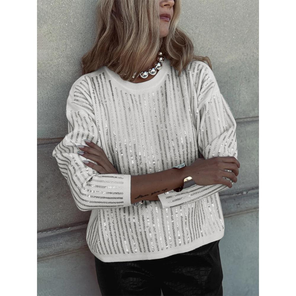 Women's Fashion Sequin Long Sleeved T-Shirt Round Neck Striped Pullover Top
