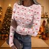 Women's Christmas Print Long Sleeve Round Neck Ribbed Knit Top