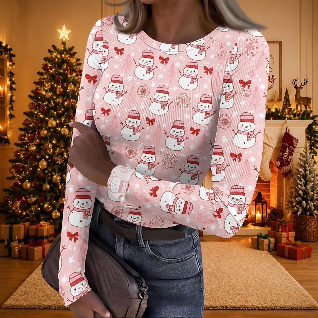 Women's Christmas Print Long Sleeve Round Neck Ribbed Knit Top