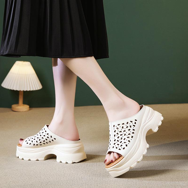 Leather platform slippers women's summer new outer wear hollow hole shoes versatile open-toed high-heeled sandals