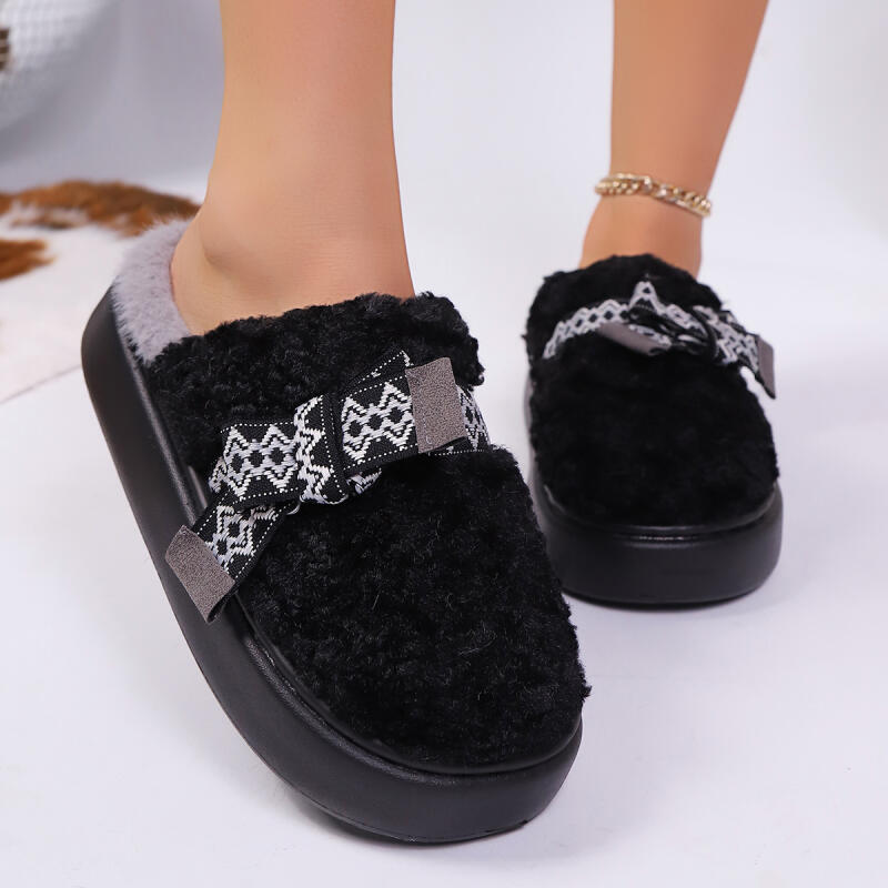 Fashion Sweet Bowknot Fluffy Fur Indoor Slippers Women 2025 Winter Comfort Thick Bottom Home Slippers Warm Plush Non Slip Woman's Slides