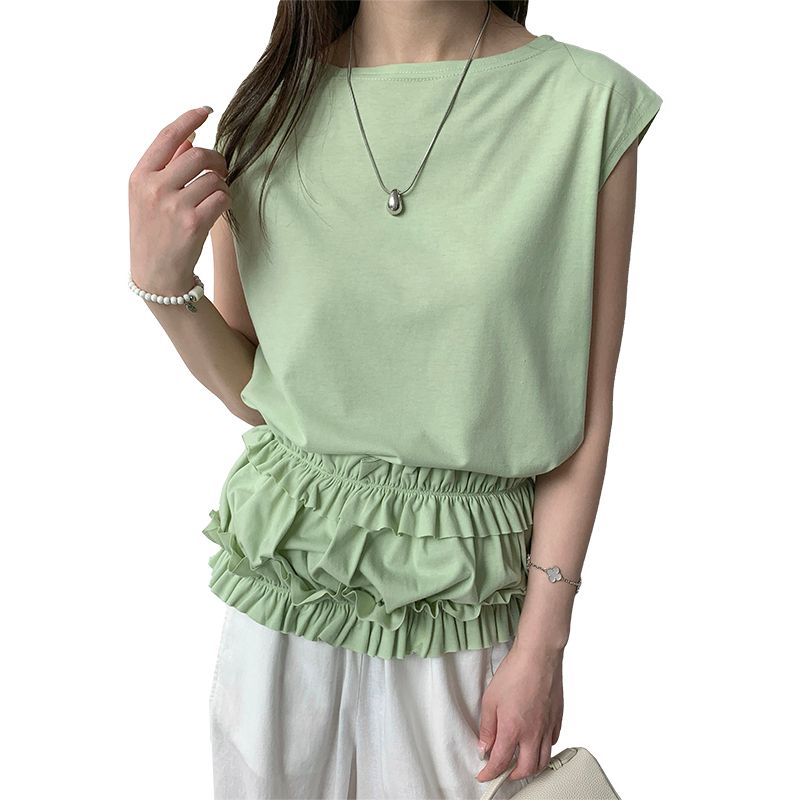 Cross-Border Japanese and Korean New Arrival Fruit Green Stripes Round Neck Ruffles Tight Wrapped Chest Belt Two-Way Sleeveless T-shirt for Women