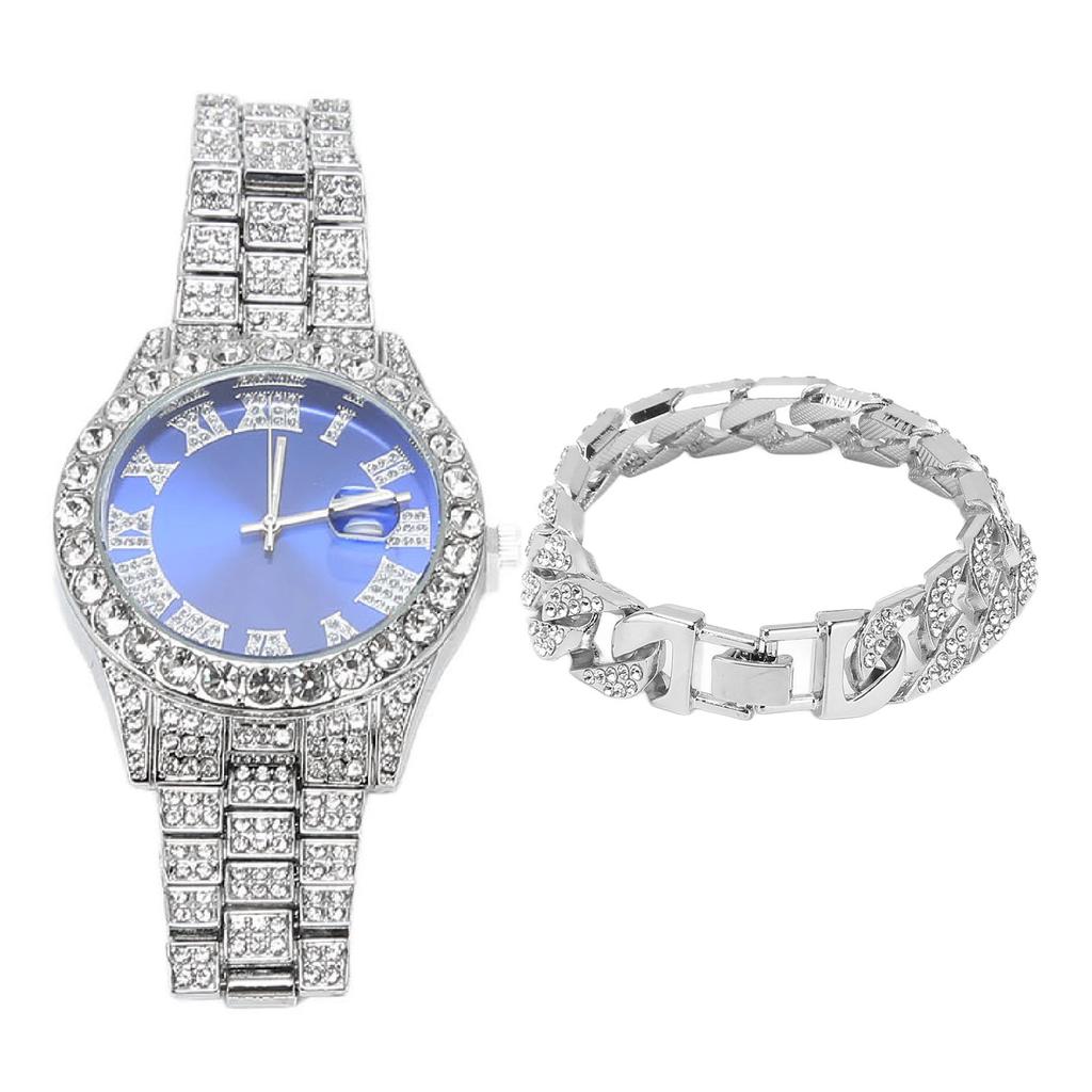 Silver Watch Large Blue Watch Dial Quartz Shiny Watch With Silver Bracelet Calendar