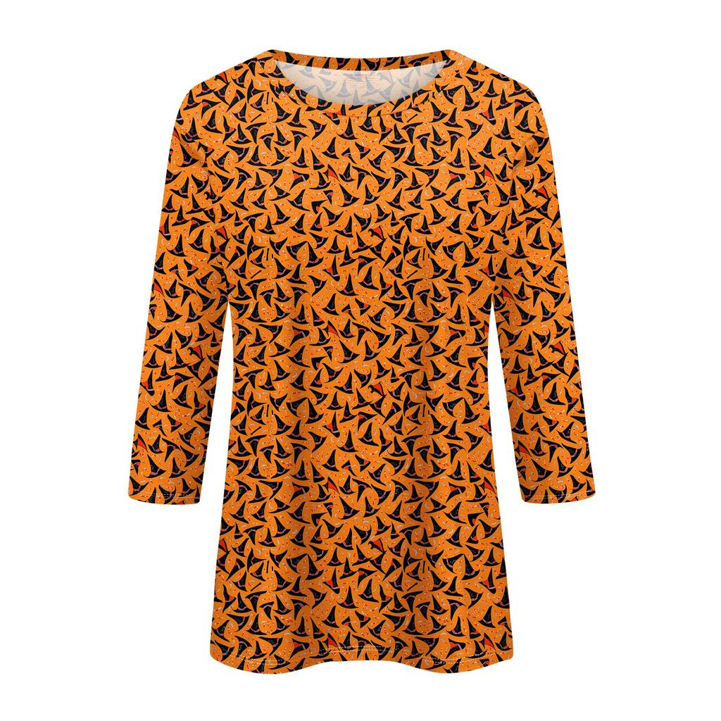 Women's Fashion Casual Three-quarter Sleeve Halloween Printed Round Neck Top