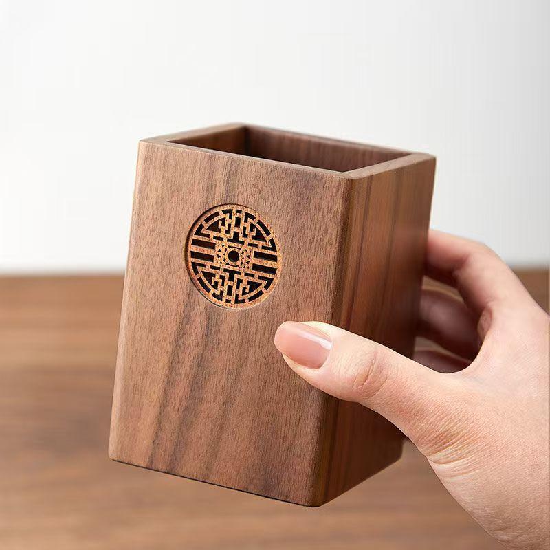 Retro Engraving Black Walnut Wooden Pen Holder Pen Organizer Office Desktop Storage Box Cosmetics Paper Box Gift