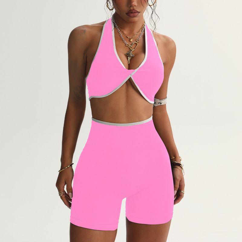 

Seamless Yoga Suit Women Contrast Color Twist Gathered Yoga Bra Running Fitness Top Yoga Shorts Two-piece Set Pink(Suit) L (62.50 kg-70.00 kg