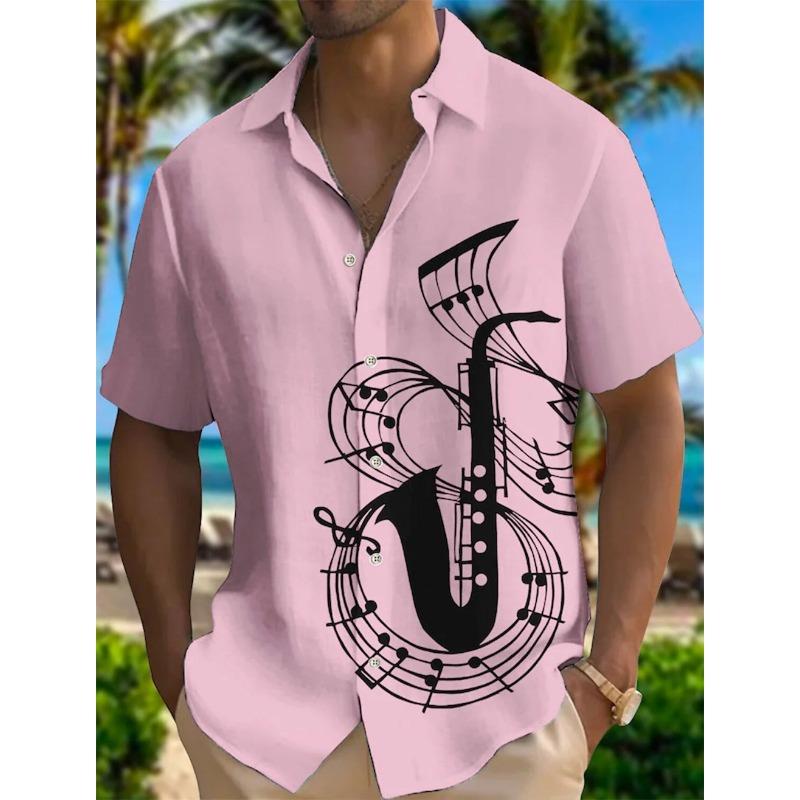 New Beach Men's Short Sleeved Music Print Polo Collar Button Shirt Outdoor Leisure Fashion Street Men's High Quality Top