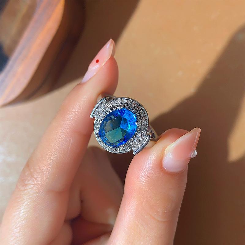 

Light Luxury Series Trendy High-End Micro-Inlaid Temperament Retro Lake Blue Ring Female Zircon Feeling Bar White Parai Ring opening adjustable