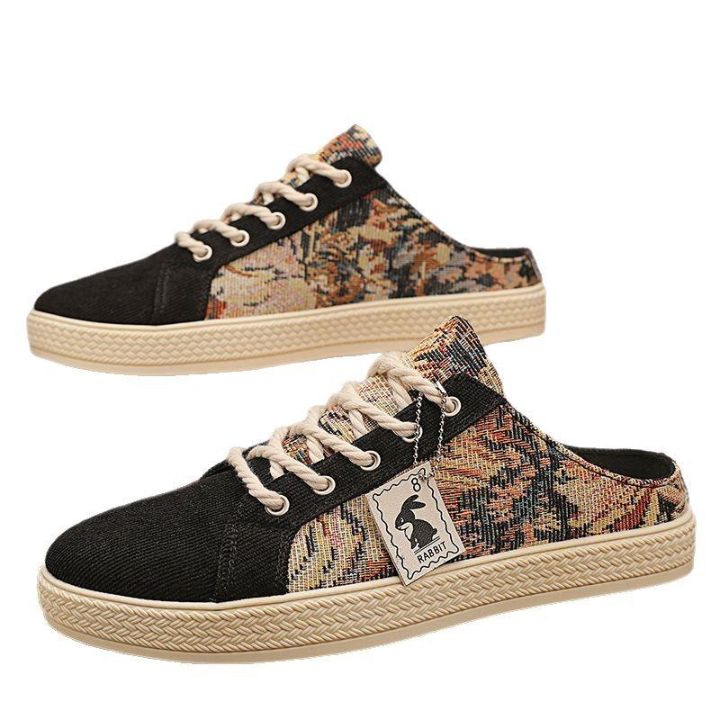Men's canvas half-drag without heel casual breathable trend versatile daily four seasons can wear men's simple slippers