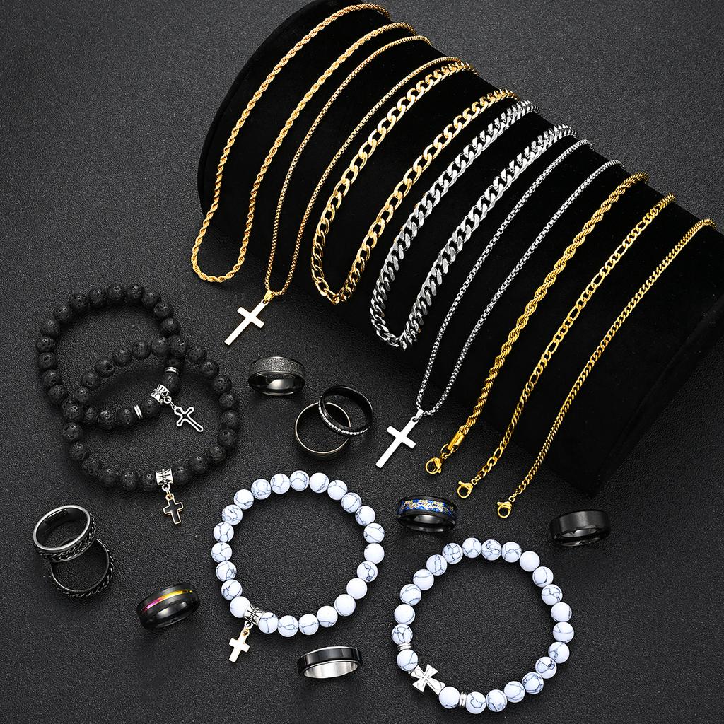 21 Pcs Cross Jewelry Set For Men Stainless Steel Volcanic Stone Beaded Bracelets Cuban Link Chain Necklaces Rings Multipack Gift