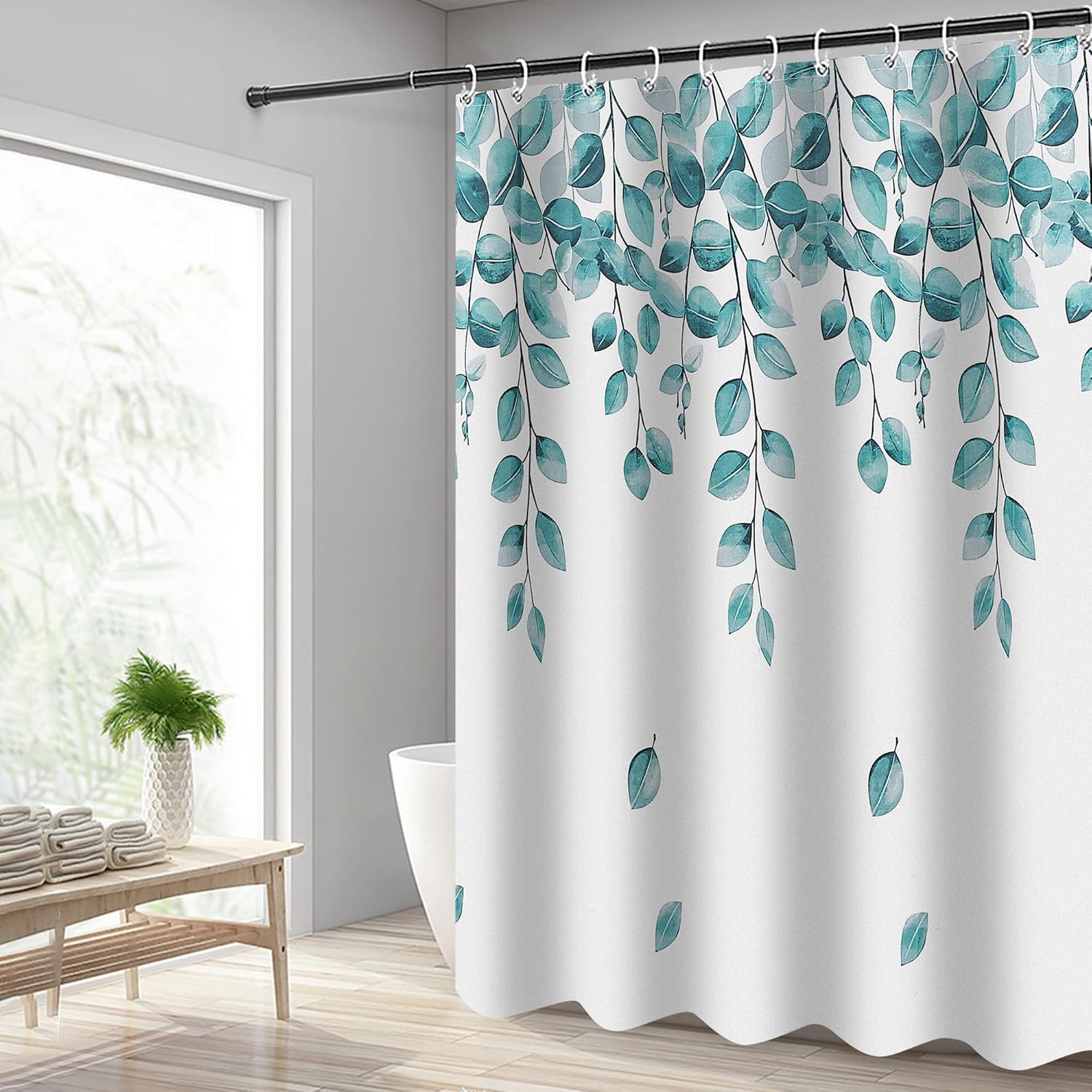 

Green flower pattern shower curtain 180x 210cm, washable waterproof polyester bathroom decorative shower curtain with 12 hooks, W90xH180cm