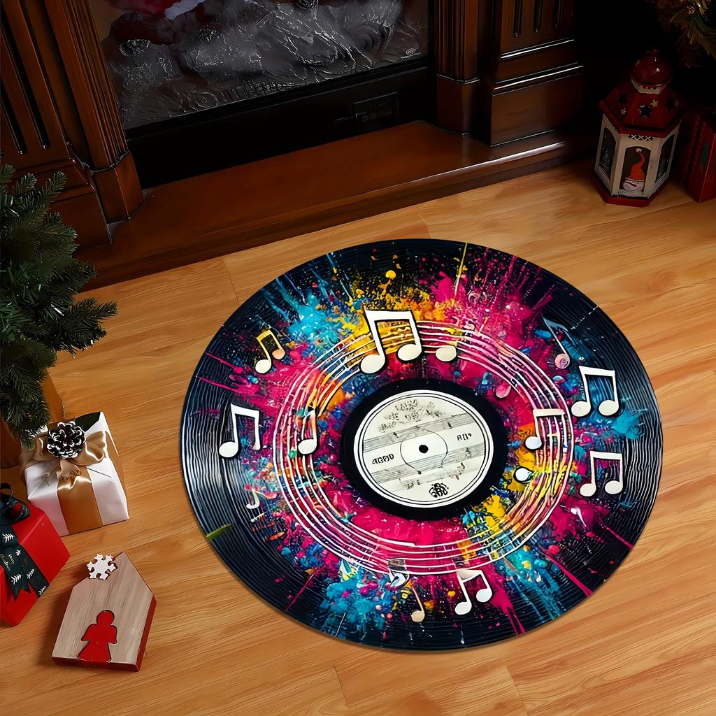 Colorful Splash Vinyl Record Musical Note Round Rug, Graffiti Music Staff Floor Mat for Music Studio Living Room Sofa Side Bar