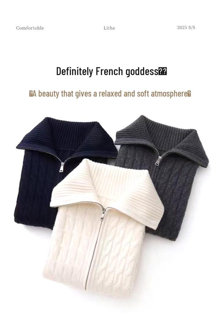 Women's Double Zipper Wool Coat - Retro Cable Knit Long Sleeve Cardigan with Lapel