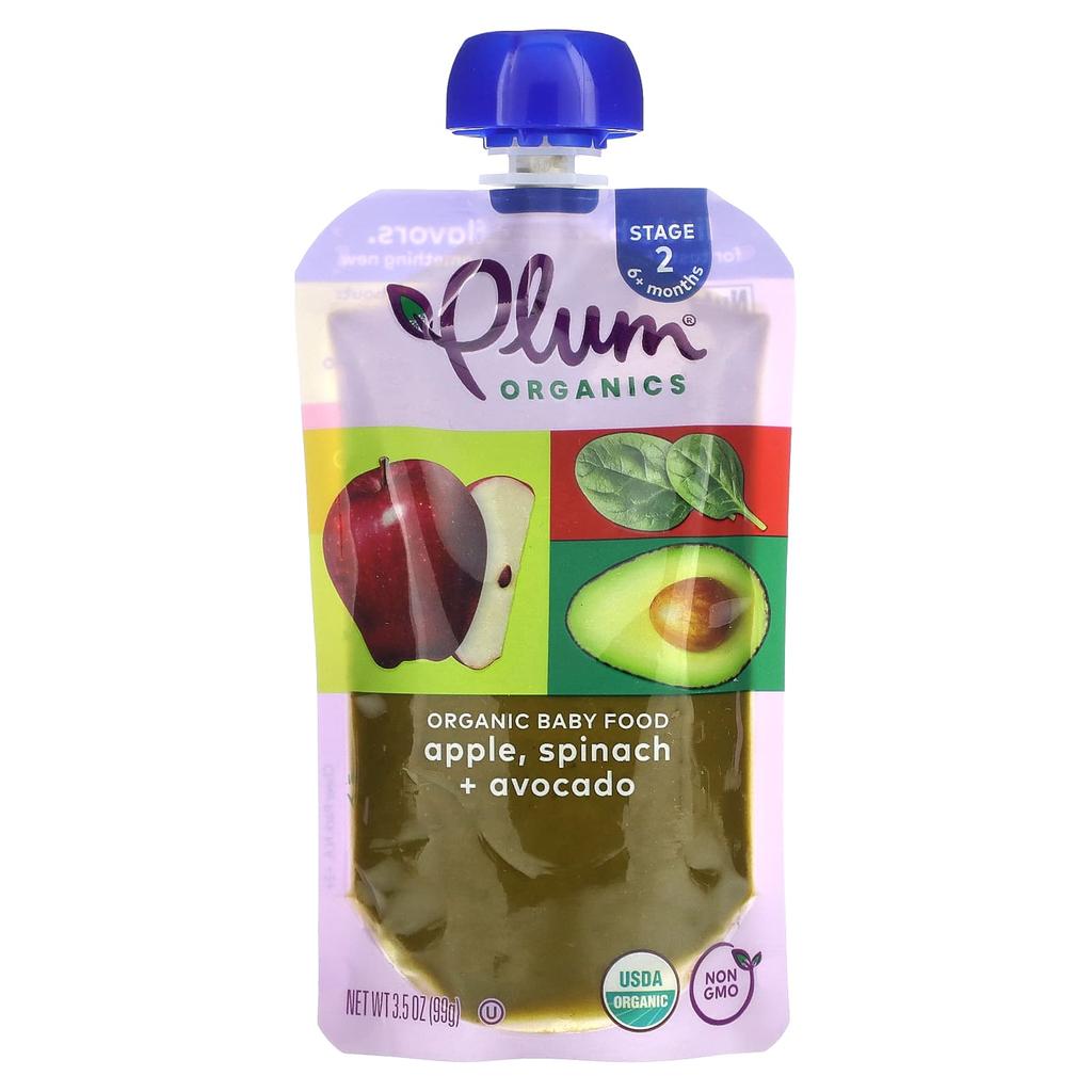 Plum Organics Organic Baby Food, 6+ Months, Apple, Spinach + Avocado, 3.5 Oz (99 G)