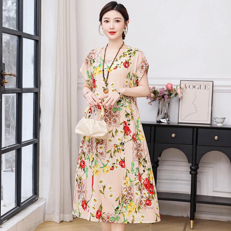 New cotton and silk dress summer large size loose fat mother covering belly and looking thin casual floral long skirt