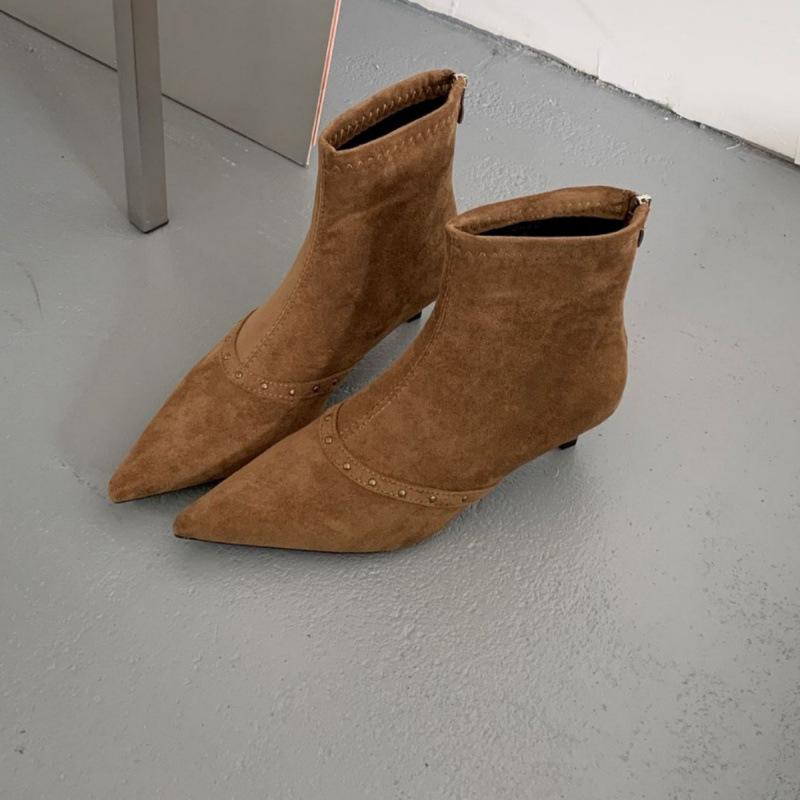 2025 autumn and winter new temperament high heel thin short boots women's pointed head thin heel rear zipper and bare boots