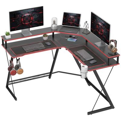 Počítačový stôl v tvare L s elektrickými zásuvkami, 128 cm rohový stôl so stojanom na monitor, háčikom na slúchadlá a držiakom na pohár