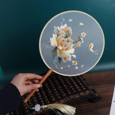 Vintage Handfächer Chinesischer Seide Bestickter Runder Fächer Kran Blume Heimdekoration Ornamente Tanzfächer