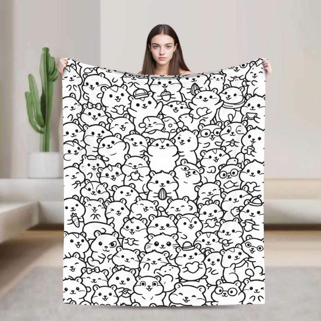 Jungle Wild Animals Doodle Collection Line Art Graphic Flannel Blanket Girl  Soft Throw Blanket Winter Bedspread Sofa Bed Cover