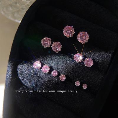 Minimalist Pink Zircon Sweet Cool Wind Silver Needle Small Stud Earrings Less Heart Commuting Daily Very Shiny Very Bright Earrings