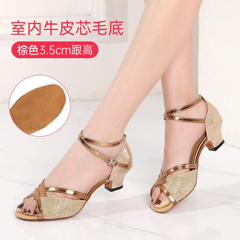 Girls Dance Shoes Sequined Latin Dance Shoes Open Toe Sandals High Heels Crystal Sparkling Standard Dance Shoes