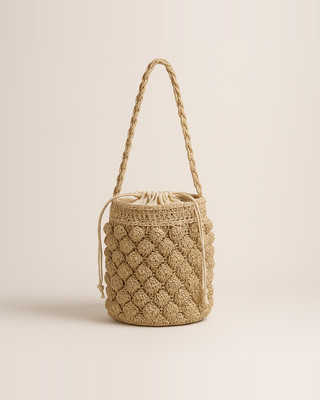 Summer Handmade Crossbody Bag for Women Beach Weaving Drawstring Straw Bucket Shoulder Bag