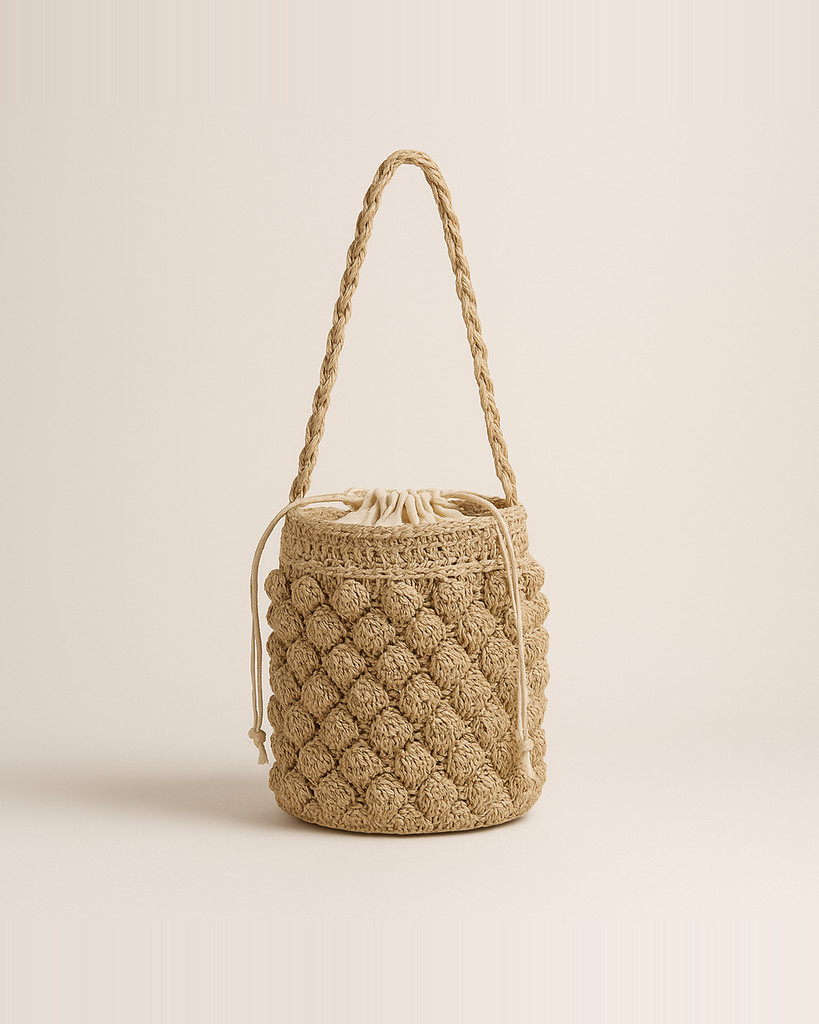 Summer Handmade Crossbody Bag for Women Beach Weaving Drawstring Straw Bucket Shoulder Bag