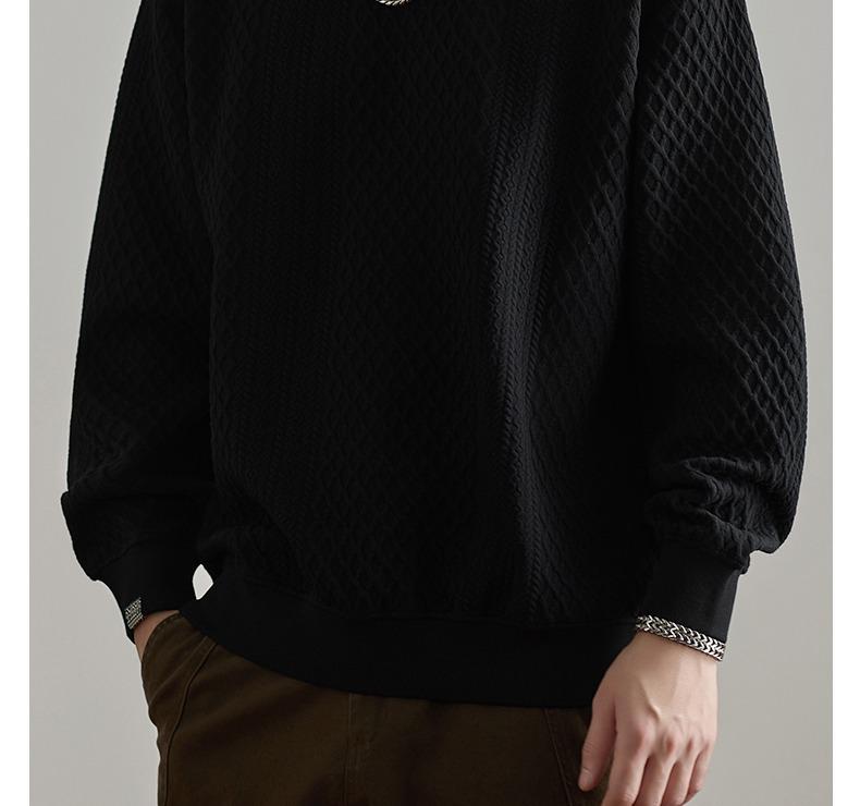 Retro Trendy Textured Jacquard Round Neck Sweatshirt for Men - Loose Fit, Plus Size Friendly, Casual Long Sleeve Top