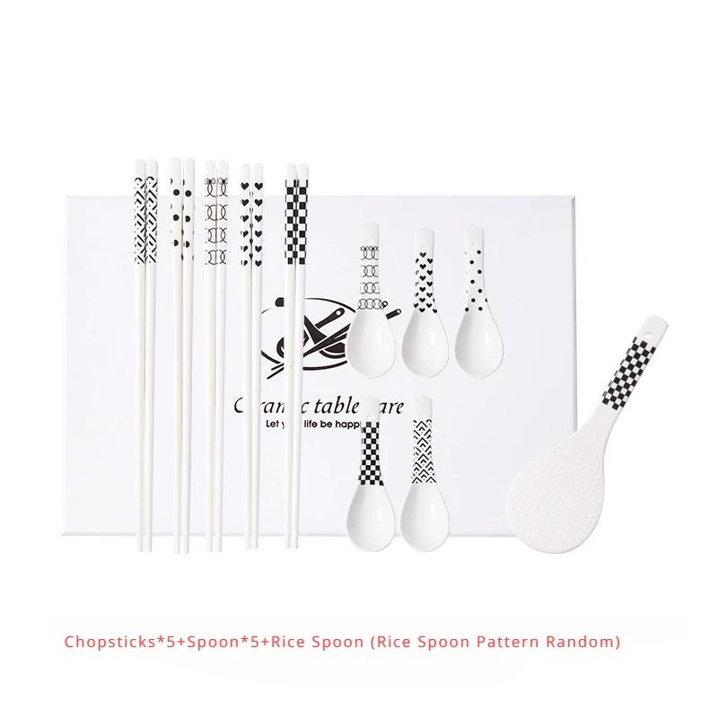 5 Paar Keramik-Essstäbchen & Löffel Set für Zuhause Küche Langer Griff Runder Kopf Suppenlöffel Rutschfeste Essstäbchen & Reislöffel Geschenkset