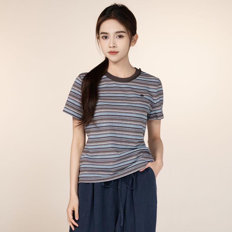 Women s Summer Striped Color Block Short Sleeve Retro T-shirt XL