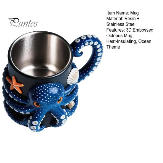 Heat Insulated Drinking Vessel Octopus Mug with Handle, Deep Sea Relief Design Resin Stainless Steel Ocean Theme Drinkware Coffee Cup, Cup for Office