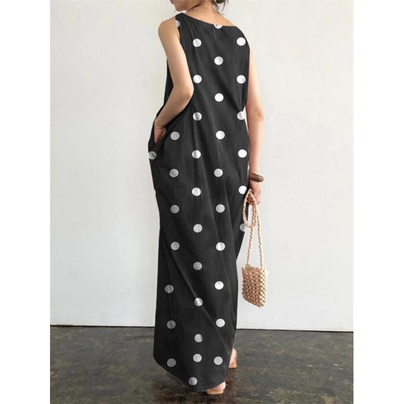 Plus Size Women's Black Polka Dot Sleeveless Linen Long Dress