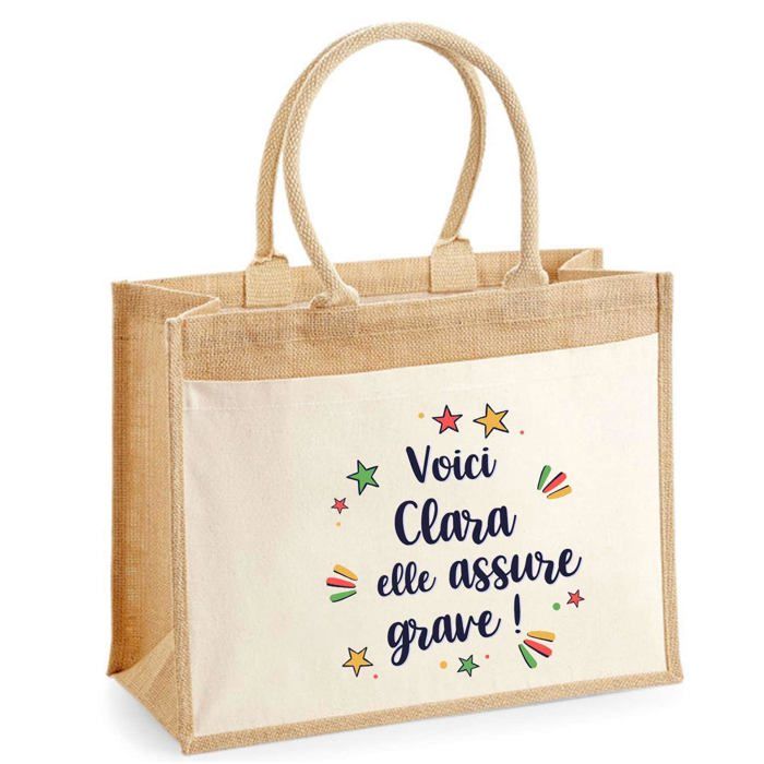 Sac cabas - PLANETEE - jute avec poche Clara elle assure grave ! - Jute naturel - 43x33 cm - Design imprimé France