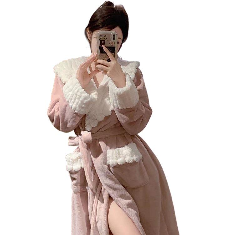 Women's Thickened Fleece-Lined Robe Pajamas, Lengthened Coral Fleece Bathrobe, Autumn/Winter 2023