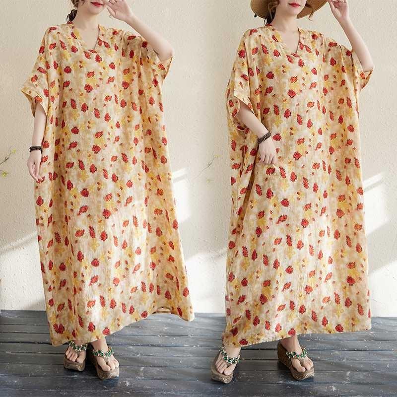 Real Shot Summer Color Vacation Style Travel V-neck Retro Long Dress Covering Meat Cotton and Linen Dress