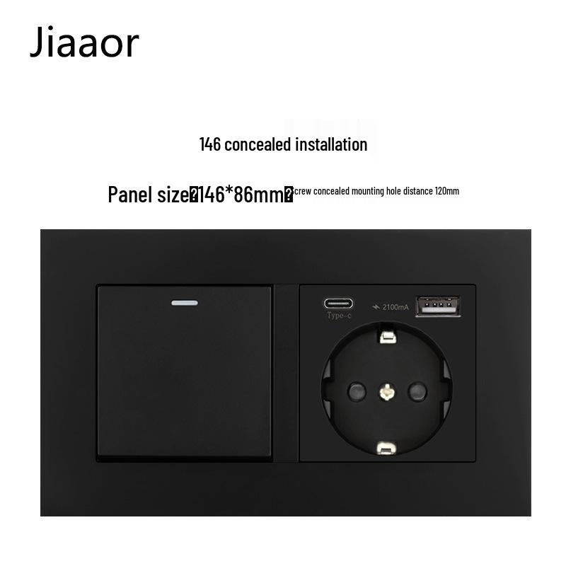 16A Black European Double Gang German-Style Switch & USB/Type-C Socket for Concealed Installation