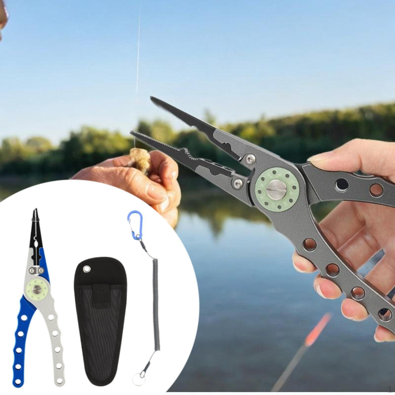 

Рыболовные плоскогубцы для резки лески, извлекатель крючков с чехлом и шнуром, портативный многофункциональный инструмент, разделенный на части Blue Silver