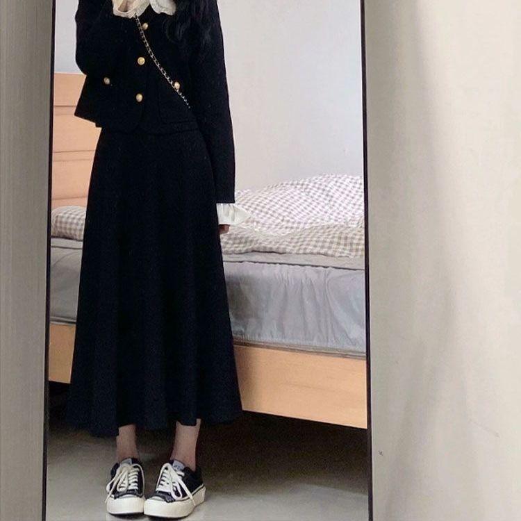 Kış Şık İki Parça Set Kadın Vintage Düğme Kırpılmış Ceket Midi Etek Seti Sonbahar Vintage İnce Ofis Bayan Moda Tasarım Setleri
