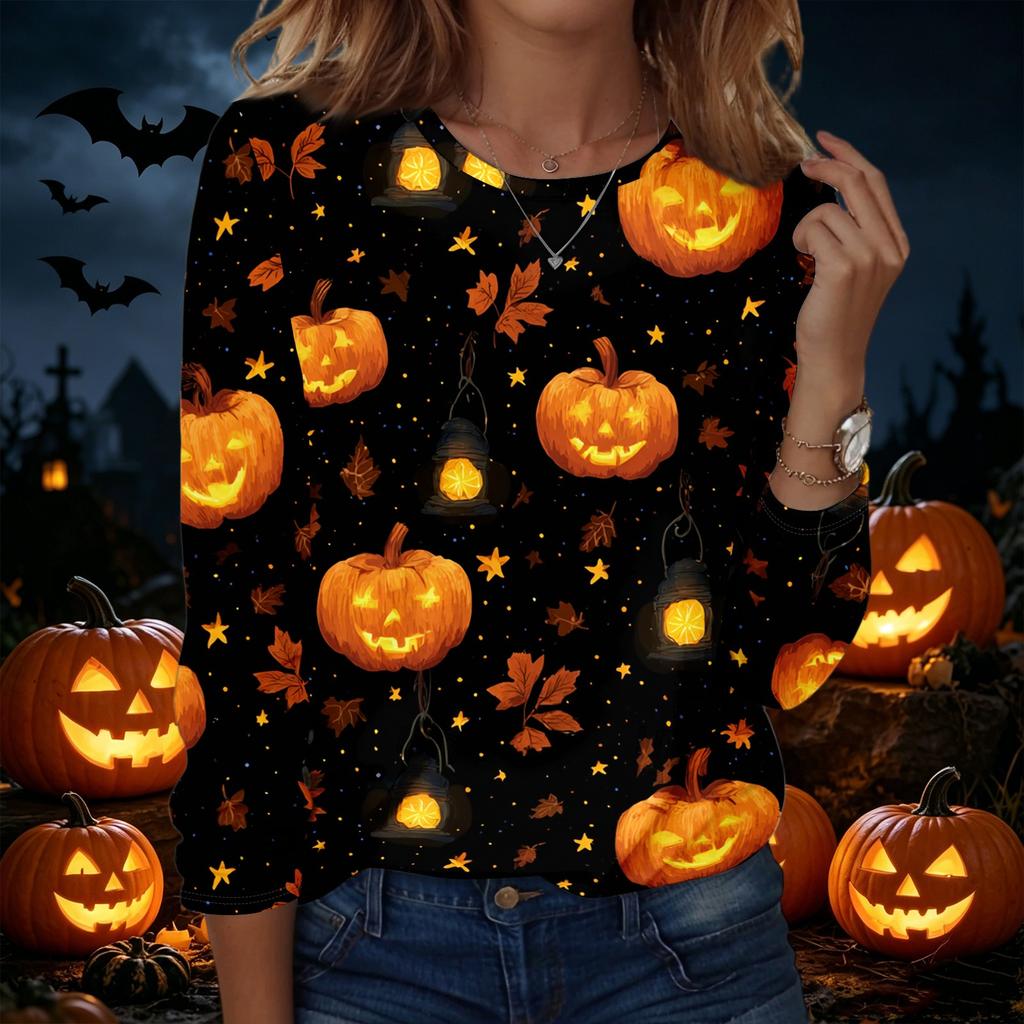 Women's Halloween Print Pullover Sweatshirt Long Sleeve Crew Neck Casual Top Comfortable Fit Seasonal Design