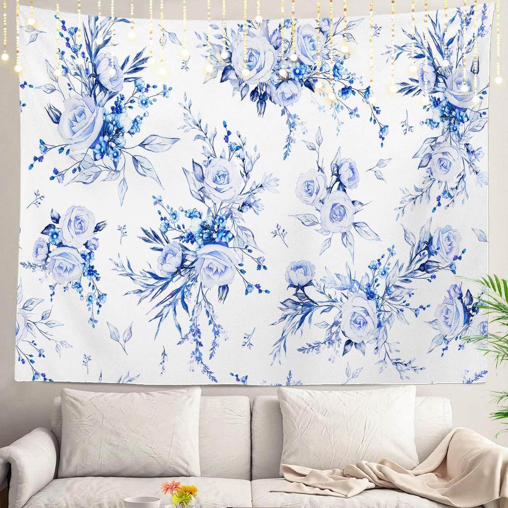 Navy Blue Watercolor Mountains Wall Tapestry, Sky Wall Hanging Large Tapestry Decoration Polyester Fiber White Hem Around for