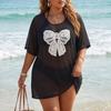 Plus Size Women Sexy Mesh Beach Dress Bikini Cover Up Lace Bow Splice Dress